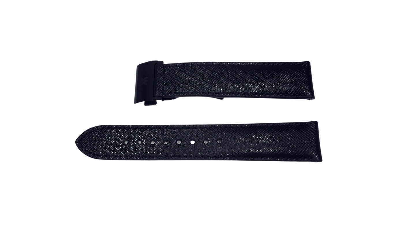 Black Italian saffiano leather strap with black stitching (18-16mm)