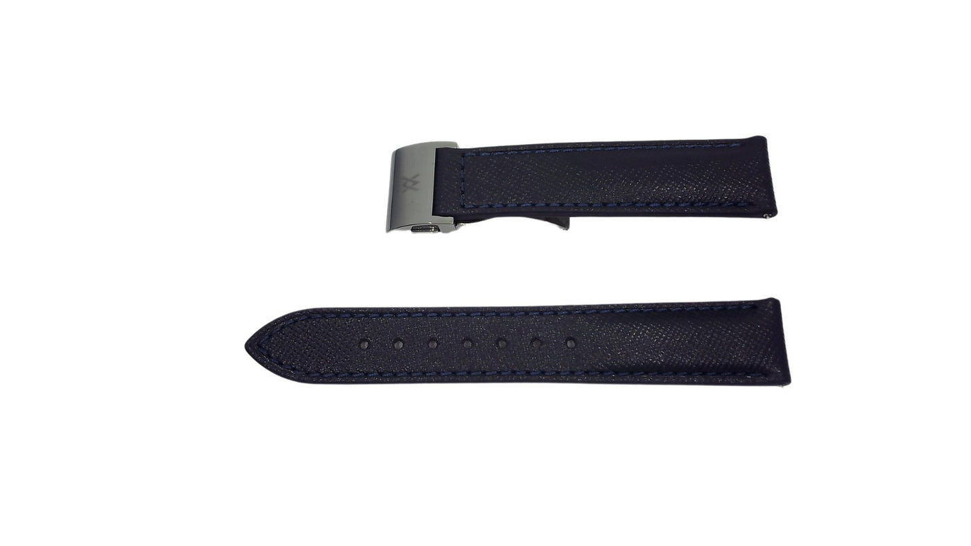 Black Italian Saffiano leather strap with blue stitching